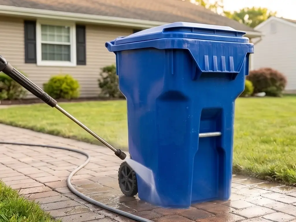 Blue curbside recycling bin pressure washing on a residential driveway in Collingswood, NJ — sanitizing bins to remove bacteria, odors, and built-up residue.