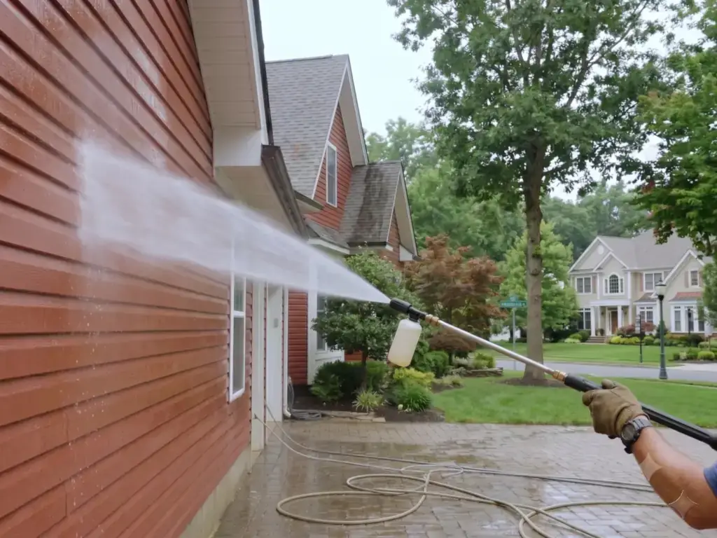 Professional high-pressure power washing of a home exterior in Mullica Hill, NJ — restoring curb appeal by removing years of dirt, algae, and grime from siding.