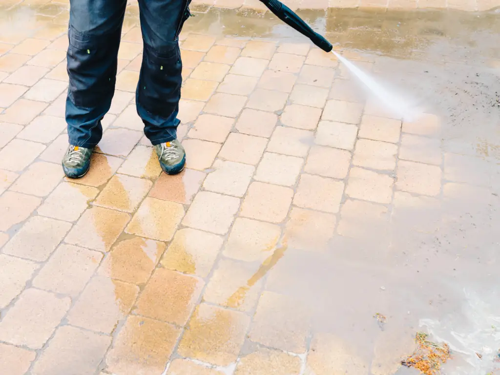 Pressure washing a brick paver driveway in Collingswood, NJ — clearing algae, embedded grime, and weed growth from joints in shaded residential driveways.