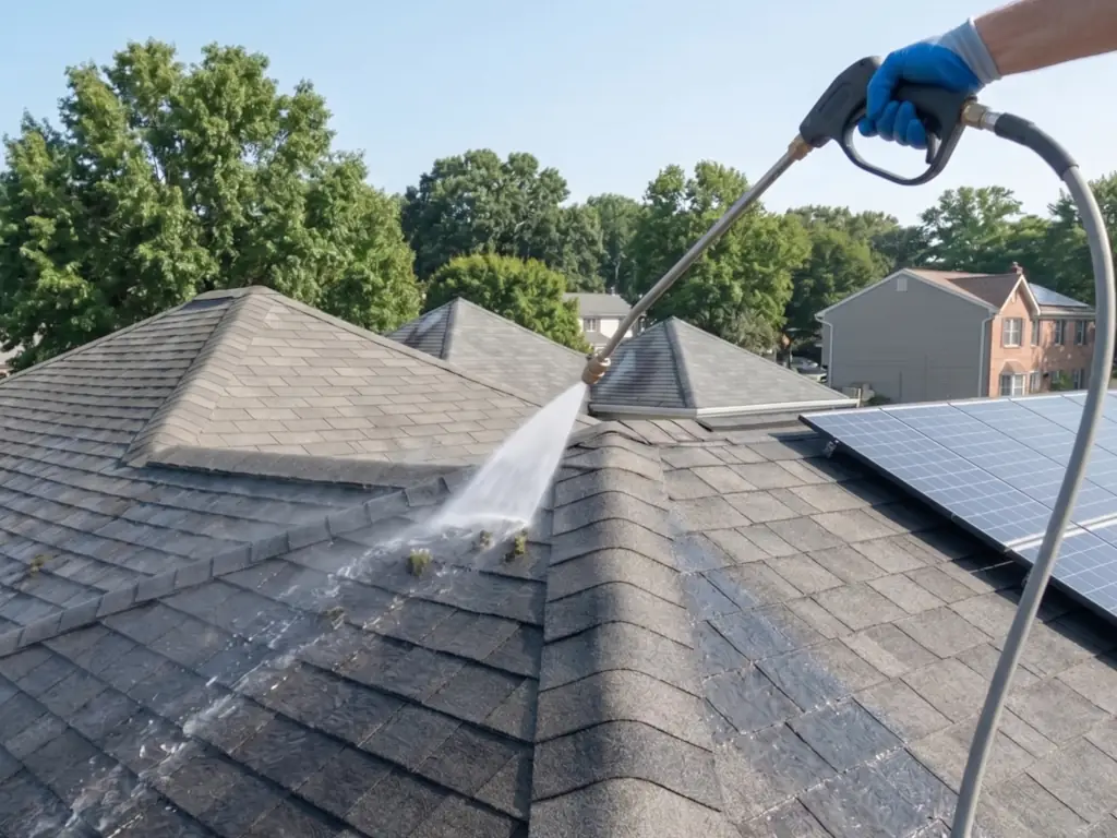 Soft-wash roof cleaning on a residential home in Collingswood, NJ — removing moss, algae, and lichen from shingles shaded by canopy trees.