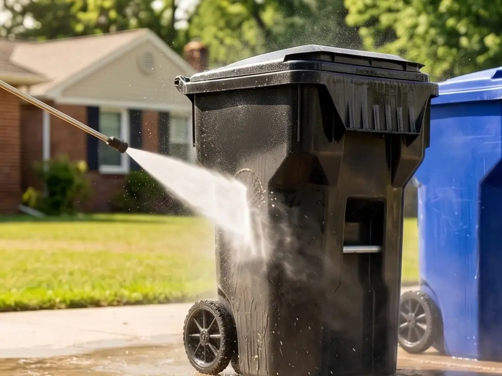 Black and blue curbside trash bins being pressure washed in Swedesboro, NJ — sanitizing bins to remove odor-causing bacteria and built-up residue.
